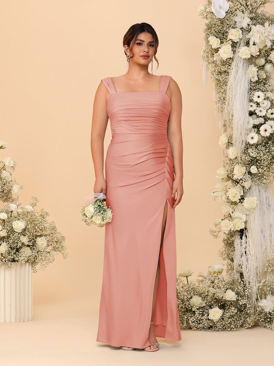Sheath/Column Square Neck Sleeveless Floor-Length Ruched  Plus Size Bridesmaid Dresses With Side Slit