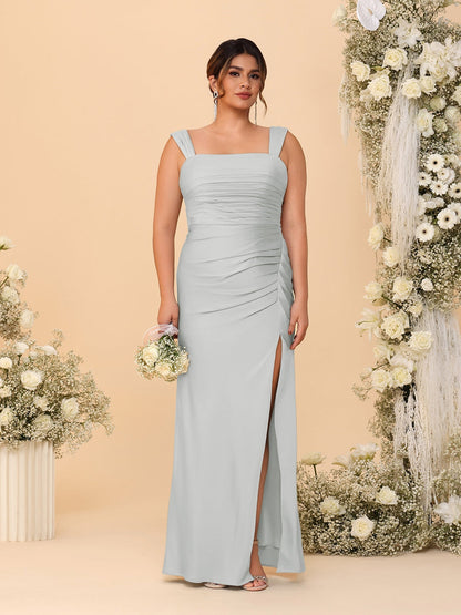 Sheath/Column Square Neck Sleeveless Floor-Length Ruched  Plus Size Bridesmaid Dresses With Side Slit