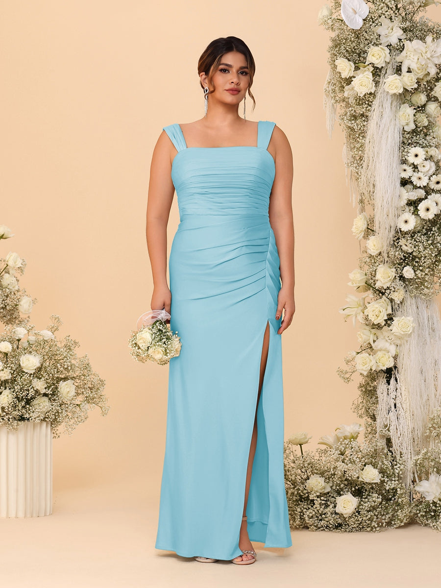 Sheath/Column Square Neck Sleeveless Floor-Length Ruched  Plus Size Bridesmaid Dresses With Side Slit