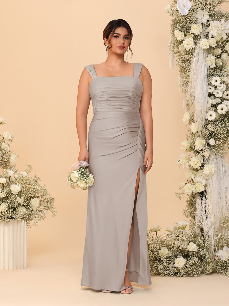 Sheath/Column Square Neck Sleeveless Floor-Length Ruched  Plus Size Bridesmaid Dresses With Side Slit