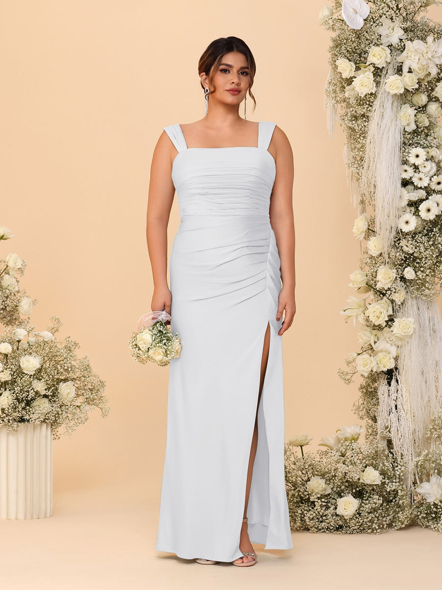 Sheath/Column Square Neck Sleeveless Floor-Length Ruched  Plus Size Bridesmaid Dresses With Side Slit