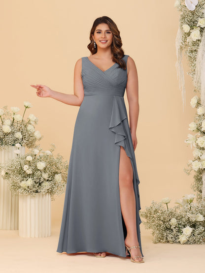 A-Line/Princess V-Neck Sleeveless Ruched Chiffon Plus Size Bridesmaid Dresses With Side Slit & Ruffles
