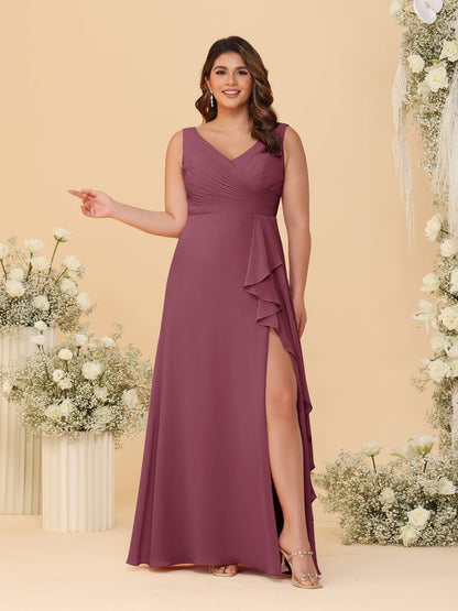 A-Line/Princess V-Neck Sleeveless Ruched Chiffon Plus Size Bridesmaid Dresses With Side Slit & Ruffles