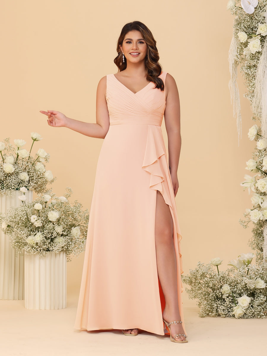 A-Line/Princess V-Neck Sleeveless Ruched Chiffon Plus Size Bridesmaid Dresses With Side Slit & Ruffles