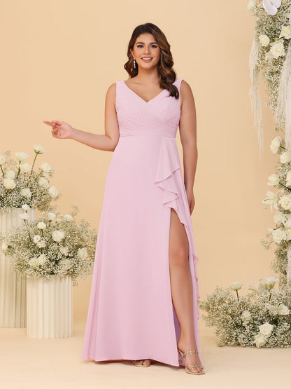 A-Line/Princess V-Neck Sleeveless Ruched Chiffon Plus Size Bridesmaid Dresses With Side Slit & Ruffles