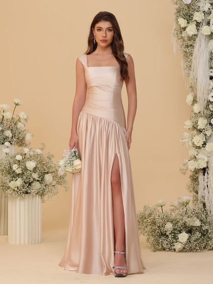 A-Line/Princess Off-the-Shoulder  Ruched Long Bridesmaid Dresses With Side Slit & Pleats