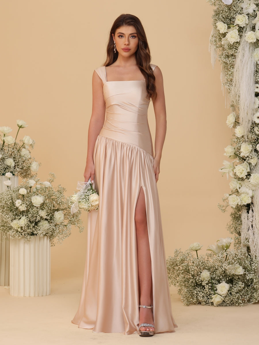 A-Line/Princess Off-the-Shoulder  Ruched Long Bridesmaid Dresses With Side Slit & Pleats