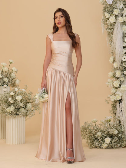 A-Line/Princess Off-the-Shoulder  Ruched Long Bridesmaid Dresses With Side Slit & Pleats