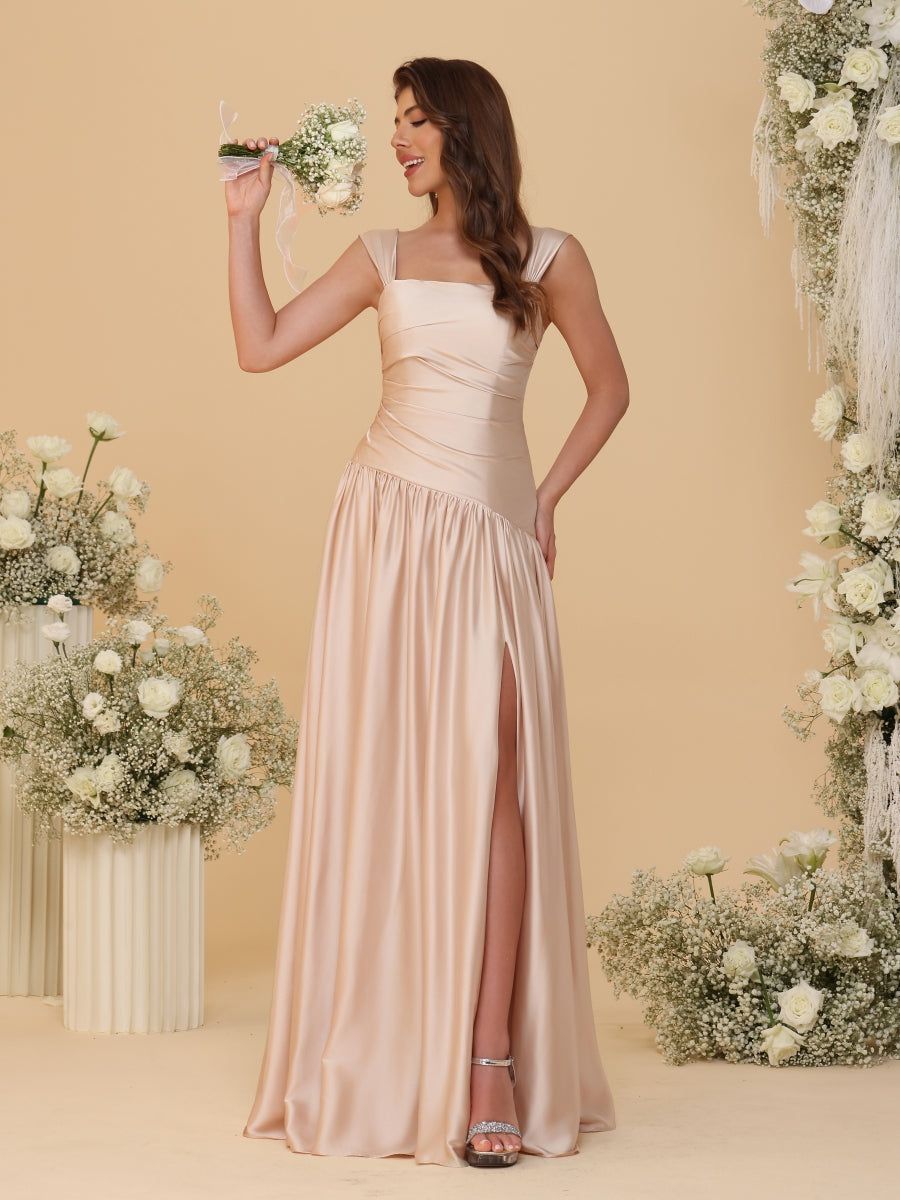 A-Line/Princess Off-the-Shoulder  Ruched Long Bridesmaid Dresses With Side Slit & Pleats