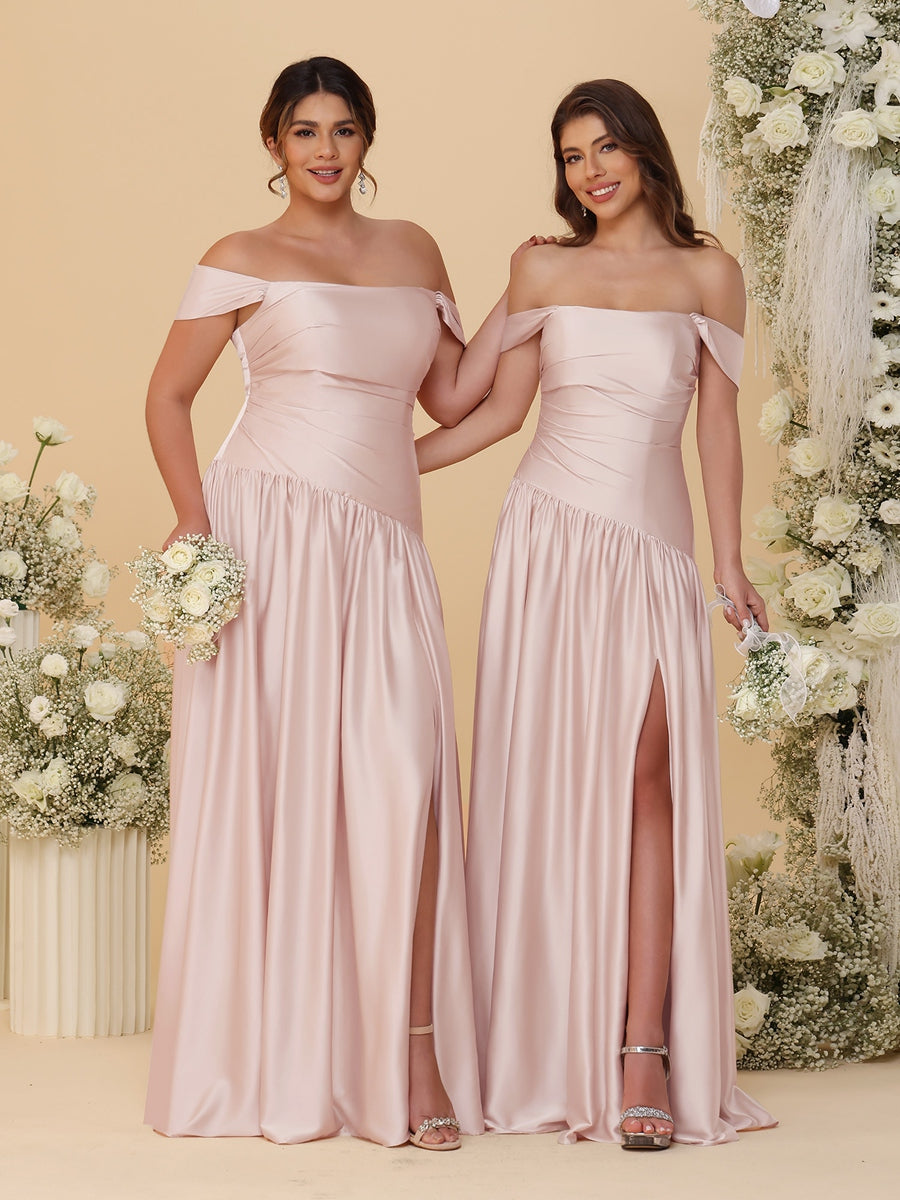 A-Line/Princess Off-the-Shoulder  Ruched Long Bridesmaid Dresses With Side Slit & Pleats