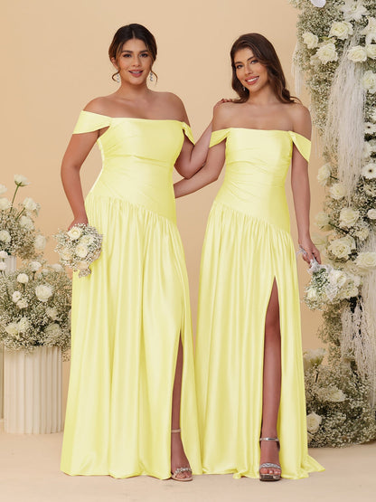 A-Line/Princess Off-the-Shoulder  Ruched Long Bridesmaid Dresses With Side Slit & Pleats