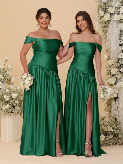 A-Line/Princess Off-the-Shoulder  Ruched Long Bridesmaid Dresses With Side Slit & Pleats