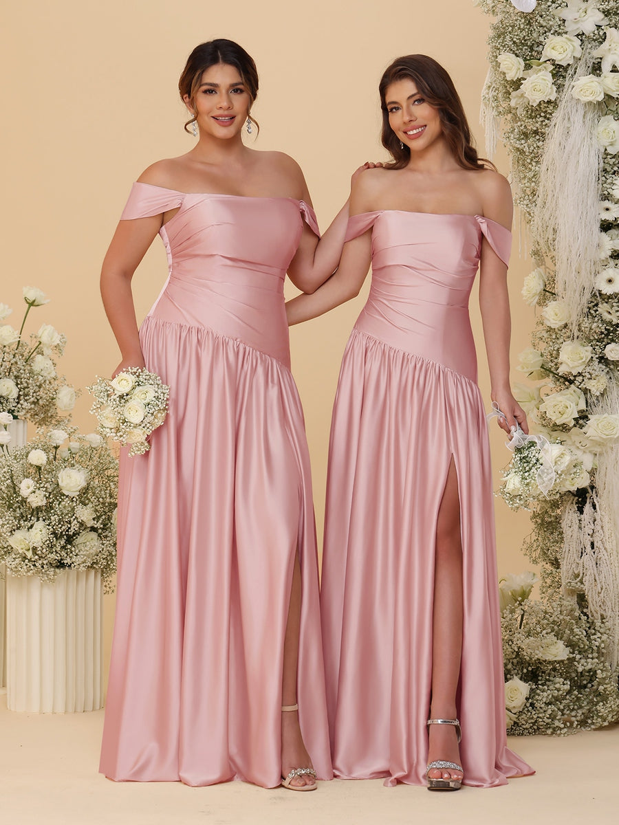A-Line/Princess Off-the-Shoulder  Ruched Long Bridesmaid Dresses With Side Slit & Pleats