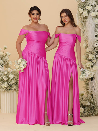 A-Line/Princess Off-the-Shoulder  Ruched Long Bridesmaid Dresses With Side Slit & Pleats