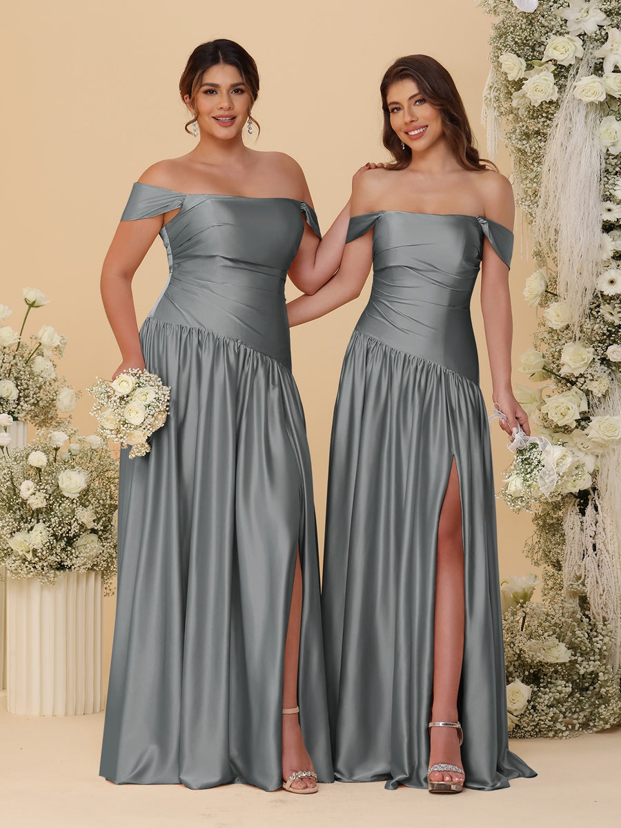 A-Line/Princess Off-the-Shoulder  Ruched Long Bridesmaid Dresses With Side Slit & Pleats