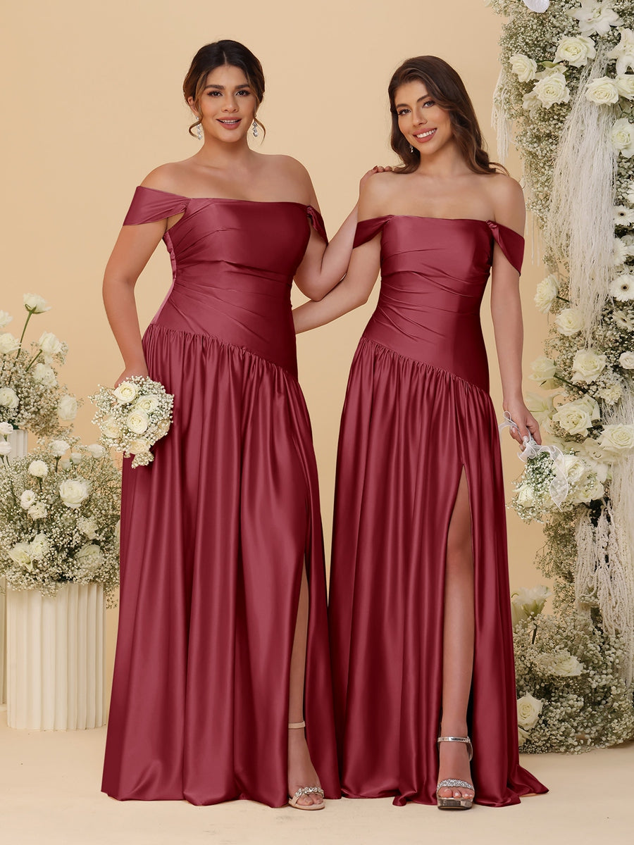 A-Line/Princess Off-the-Shoulder  Ruched Long Bridesmaid Dresses With Side Slit & Pleats
