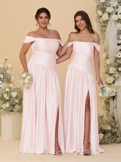 A-Line/Princess Off-the-Shoulder  Ruched Long Bridesmaid Dresses With Side Slit & Pleats