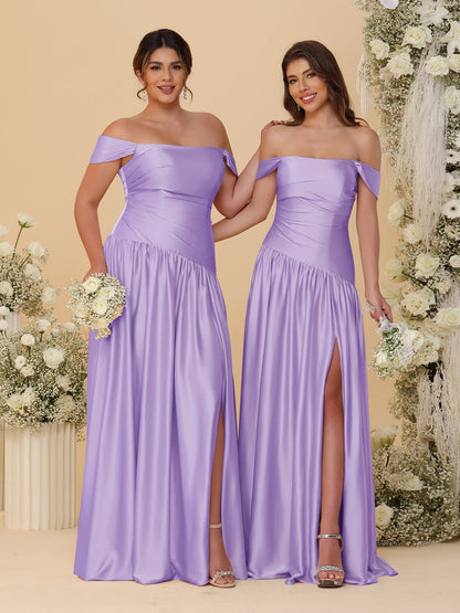 A-Line/Princess Off-the-Shoulder  Ruched Long Bridesmaid Dresses With Side Slit & Pleats