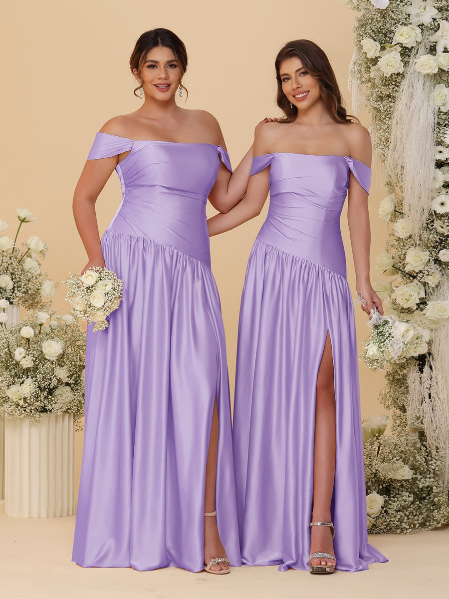 A-Line/Princess Off-the-Shoulder  Ruched Long Bridesmaid Dresses With Side Slit & Pleats