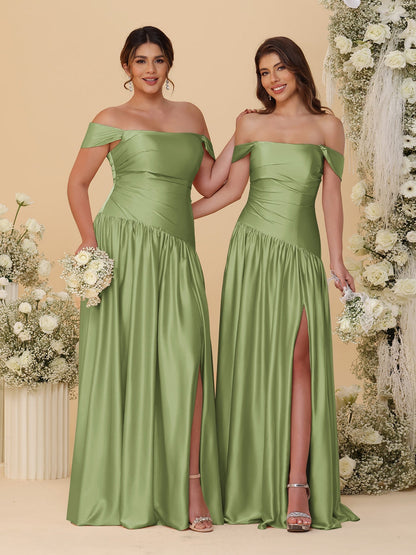 A-Line/Princess Off-the-Shoulder  Ruched Long Bridesmaid Dresses With Side Slit & Pleats
