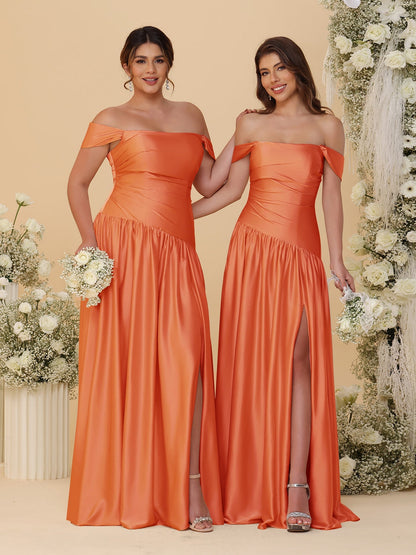 A-Line/Princess Off-the-Shoulder  Ruched Long Bridesmaid Dresses With Side Slit & Pleats