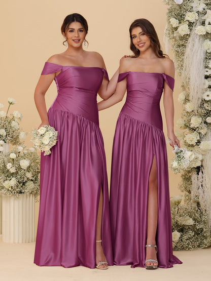 A-Line/Princess Off-the-Shoulder  Ruched Long Bridesmaid Dresses With Side Slit & Pleats