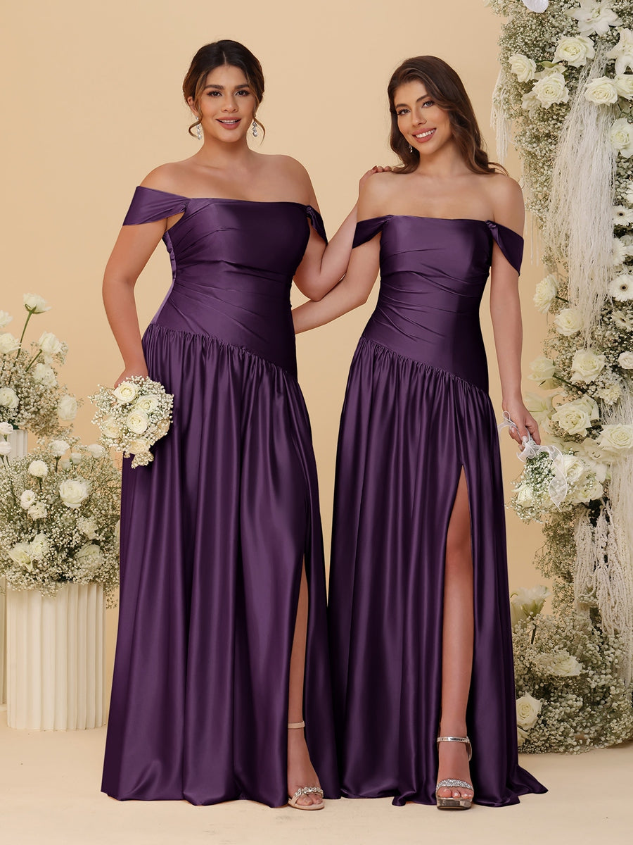 A-Line/Princess Off-the-Shoulder  Ruched Long Bridesmaid Dresses With Side Slit & Pleats