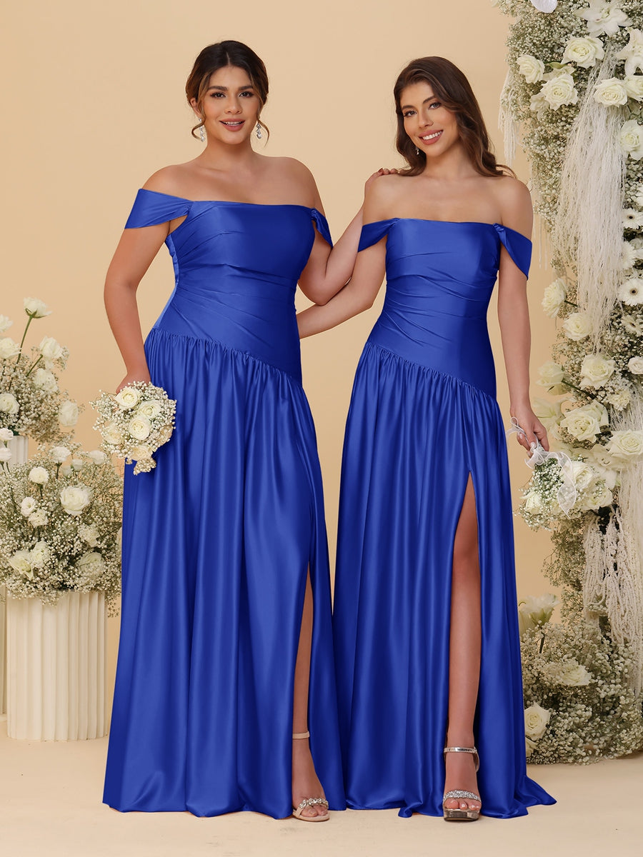 A-Line/Princess Off-the-Shoulder  Ruched Long Bridesmaid Dresses With Side Slit & Pleats