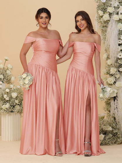 A-Line/Princess Off-the-Shoulder  Ruched Long Bridesmaid Dresses With Side Slit & Pleats