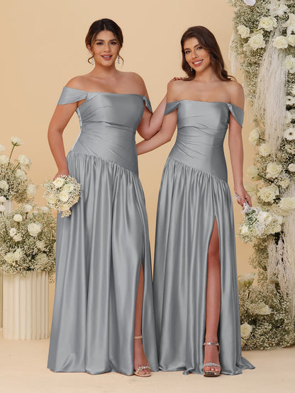 A-Line/Princess Off-the-Shoulder  Ruched Long Bridesmaid Dresses With Side Slit & Pleats