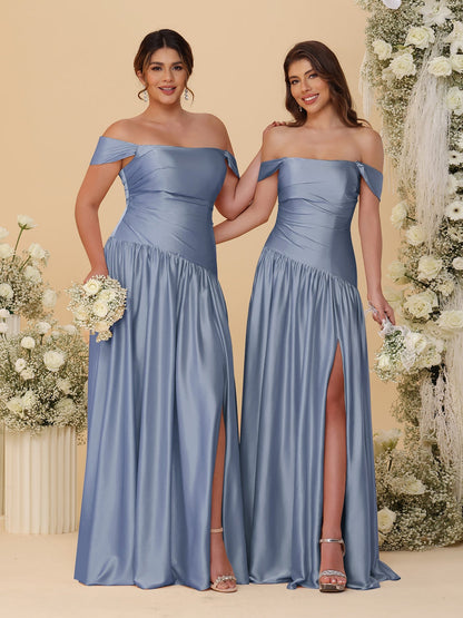 A-Line/Princess Off-the-Shoulder  Ruched Long Bridesmaid Dresses With Side Slit & Pleats