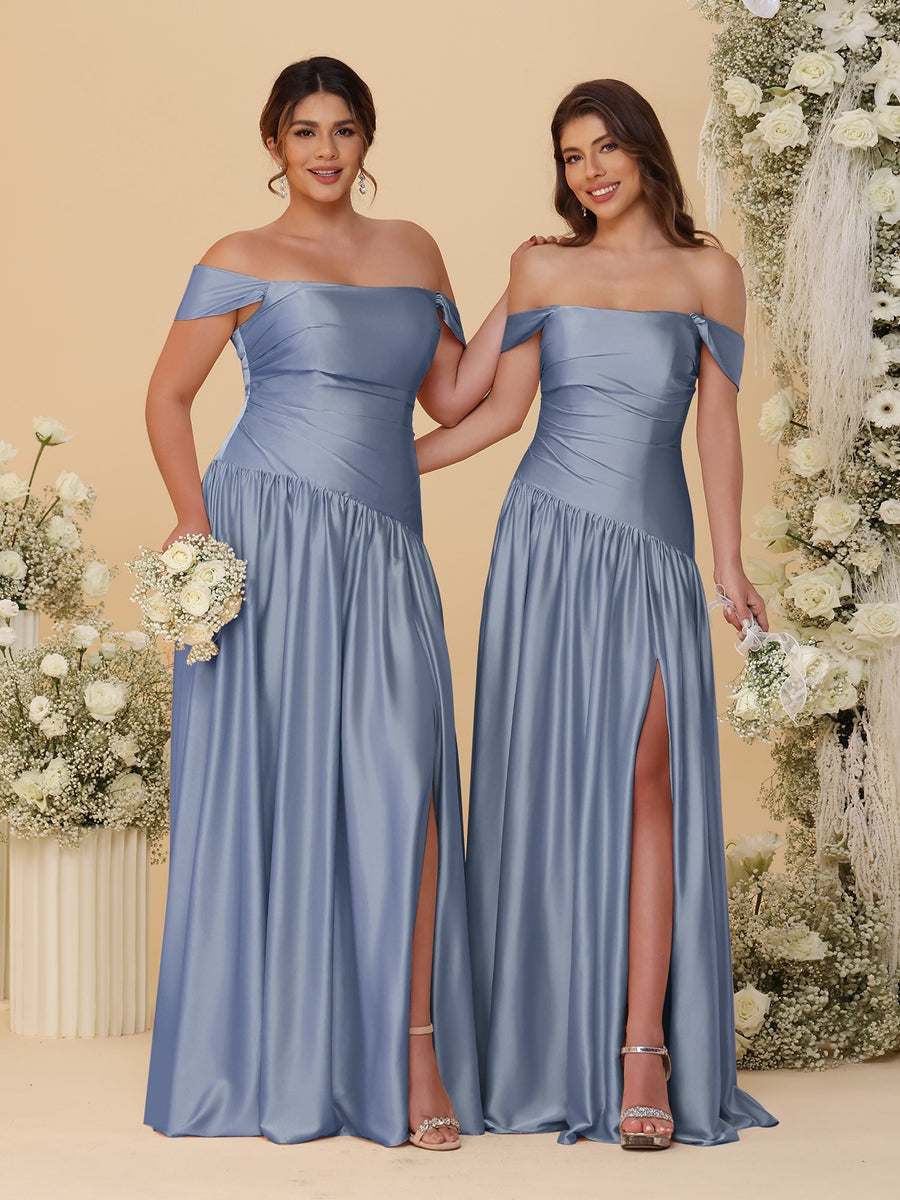 A-Line/Princess Off-the-Shoulder  Ruched Long Bridesmaid Dresses With Side Slit & Pleats