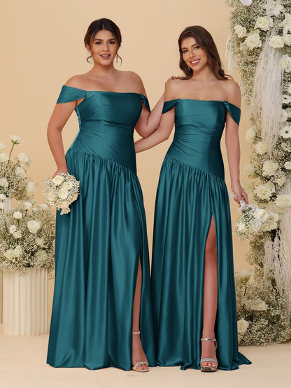 A-Line/Princess Off-the-Shoulder  Ruched Long Bridesmaid Dresses With Side Slit & Pleats