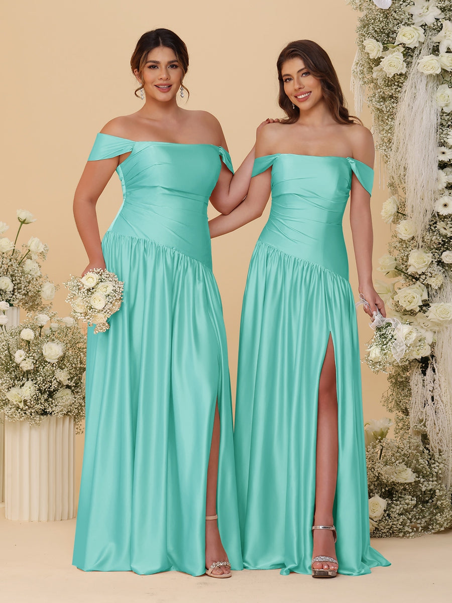 A-Line/Princess Off-the-Shoulder  Ruched Long Bridesmaid Dresses With Side Slit & Pleats