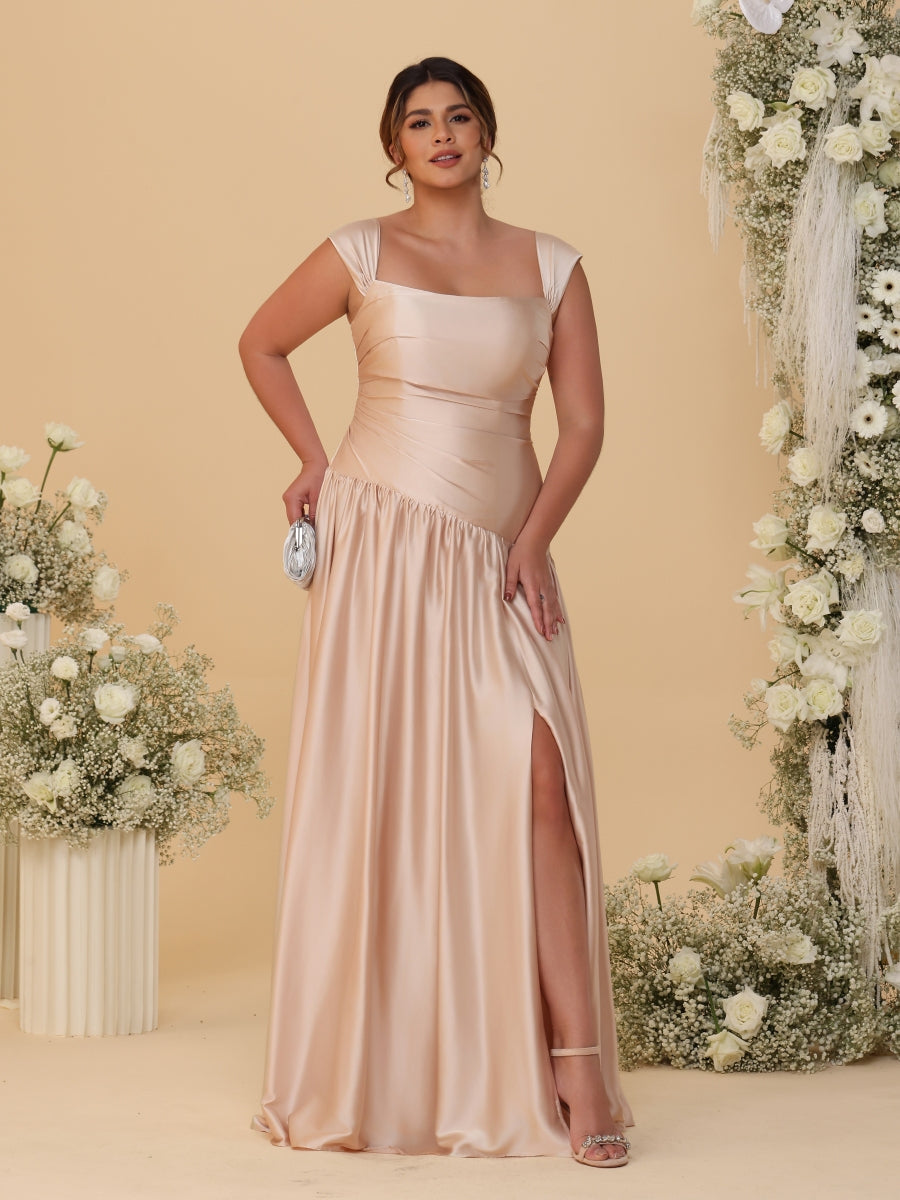 A-Line/Princess Off-the-Shoulder Plus Size Bridesmaid Dresses With Side Slit & Pleats