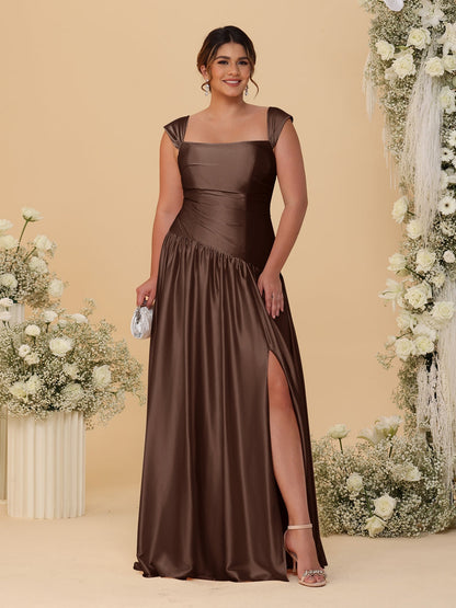 A-Line/Princess Off-the-Shoulder Plus Size Bridesmaid Dresses With Side Slit & Pleats