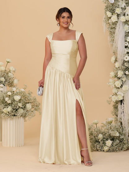 A-Line/Princess Off-the-Shoulder Plus Size Bridesmaid Dresses With Side Slit & Pleats
