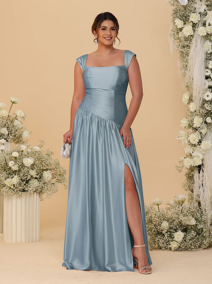 A-Line/Princess Off-the-Shoulder Plus Size Bridesmaid Dresses With Side Slit & Pleats