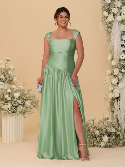 A-Line/Princess Off-the-Shoulder Plus Size Bridesmaid Dresses With Side Slit & Pleats