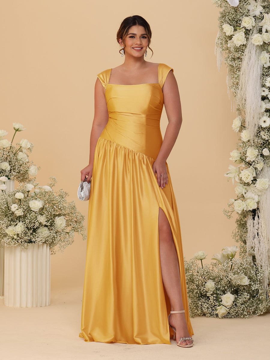 A-Line/Princess Off-the-Shoulder Plus Size Bridesmaid Dresses With Side Slit & Pleats