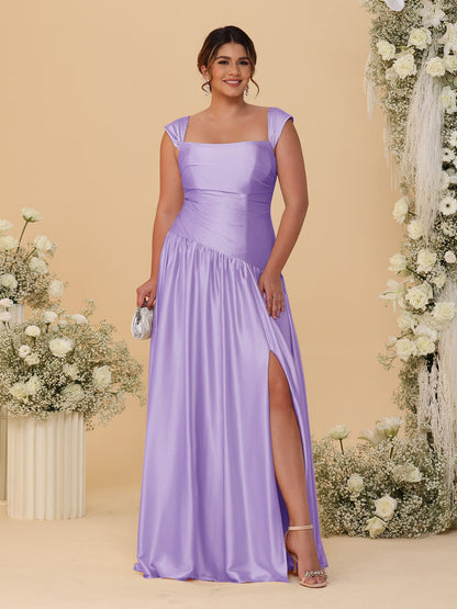 A-Line/Princess Off-the-Shoulder Plus Size Bridesmaid Dresses With Side Slit & Pleats
