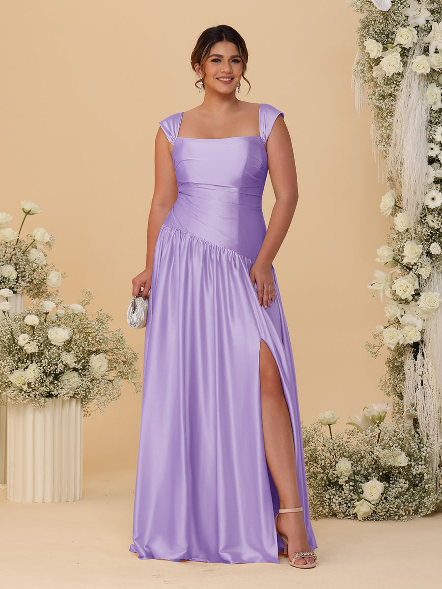 A-Line/Princess Off-the-Shoulder Plus Size Bridesmaid Dresses With Side Slit & Pleats