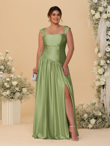 A-Line/Princess Off-the-Shoulder Plus Size Bridesmaid Dresses With Side Slit & Pleats