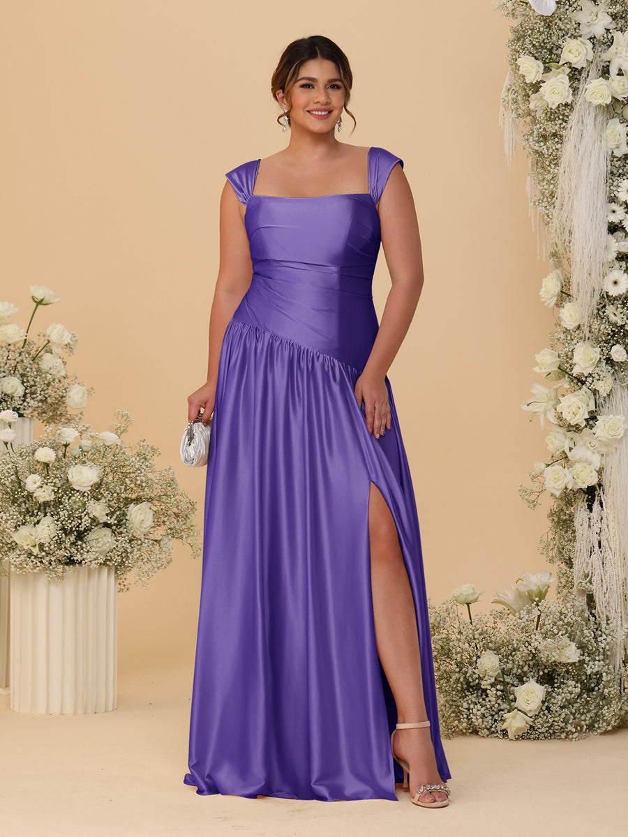 A-Line/Princess Off-the-Shoulder Plus Size Bridesmaid Dresses With Side Slit & Pleats