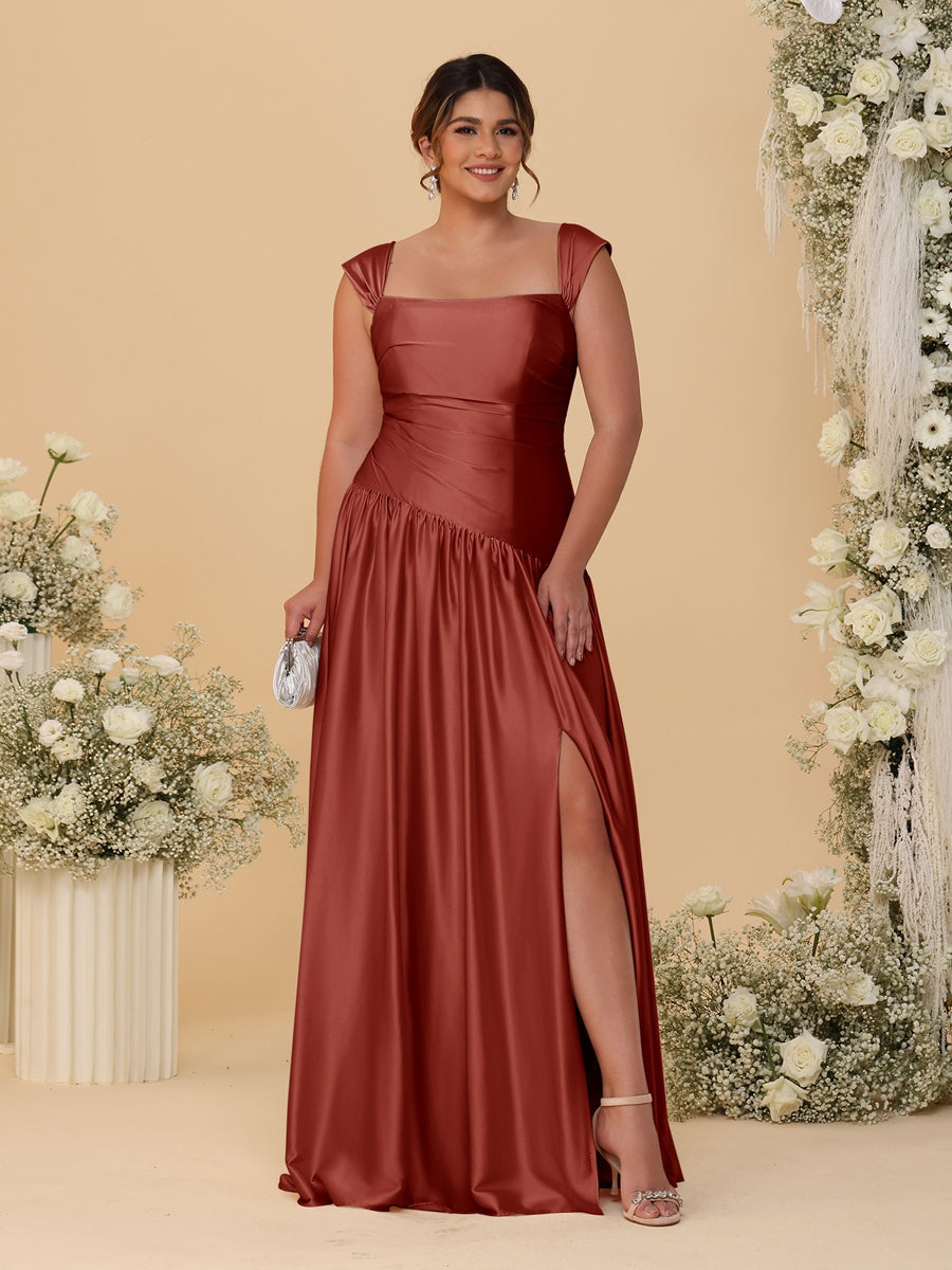 A-Line/Princess Off-the-Shoulder Plus Size Bridesmaid Dresses With Side Slit & Pleats