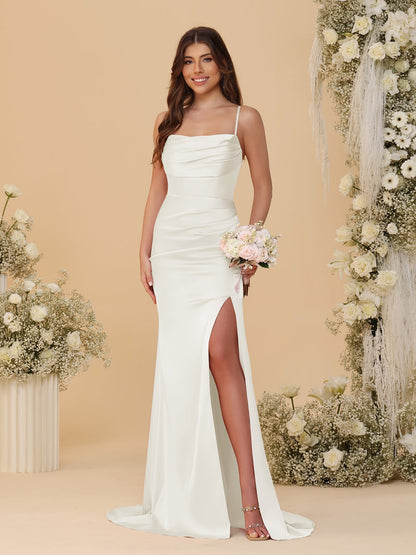Sheath/Column Spaghetti Straps Sleeveless Ruched Long Bridesmaid Dresses With Side Slit