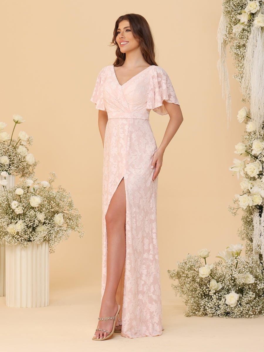 A-Line/Princess V-Neck Ruffle Short Sleeves Ruched Floor-Length Bridesmaid Dresses With Side Slit