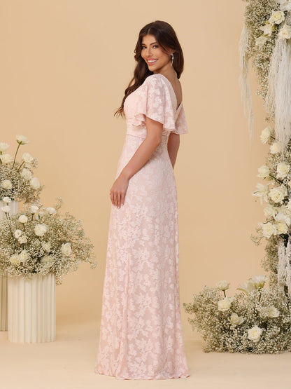 A-Line/Princess V-Neck Ruffle Short Sleeves Ruched Floor-Length Bridesmaid Dresses With Side Slit