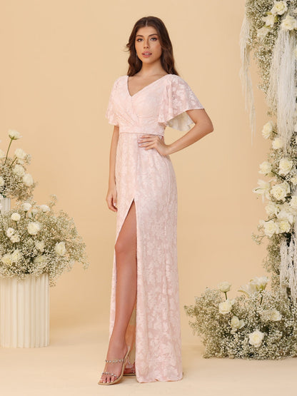 A-Line/Princess V-Neck Ruffle Short Sleeves Ruched Floor-Length Bridesmaid Dresses With Side Slit