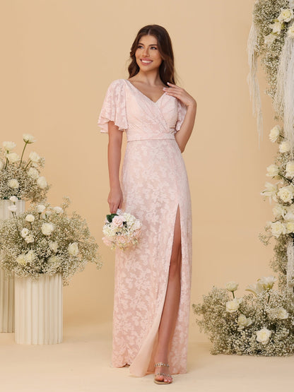 A-Line/Princess V-Neck Ruffle Short Sleeves Ruched Floor-Length Bridesmaid Dresses With Side Slit